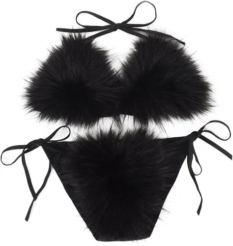Vista 20 de ZOSCGJMY Conjunto de bikini de dos piezas de piel sintética para mujer Beige