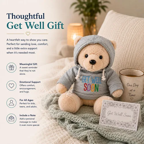 Vista 2 de Ganz Oso de peluche Get Well Soon de 9 pulgadas con capucha gris, regalo para niños y mujeres (animal de peluche de nariz bronceada)