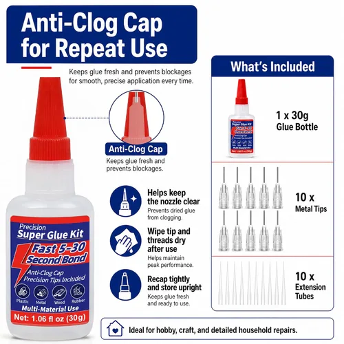Vista 2 de Super Glue Kit, pegamento líquido CA de 1.06 fl oz con tapa antiobstrucción