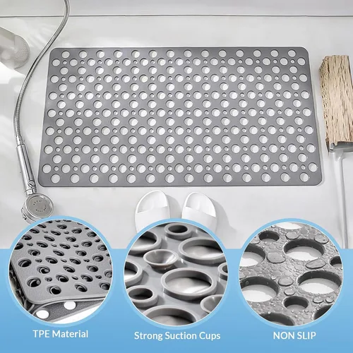 Vista 2 de Tapete antideslizante para bañera y ducha, 30 x 17 pulgadas, tapete de baño suave con ventosas y agujeros de drenaje más grandes, lavable a máquina