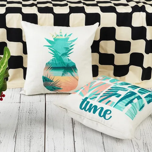 Vista 3 de ONWAY Juego de 4 fundas de almohada decorativas con temática de playa de 16 x 16 pulgadas con diseño de Hello Summer para decoración de fiesta