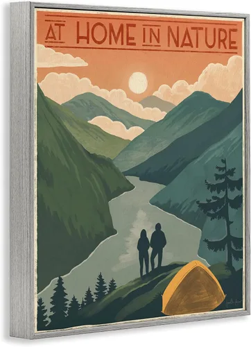 Vista 2 de Stupell Industries at Home in Nature Phrase - Tienda de campaña con frase en las montañas, diseñada por Janelle Penner, arte de pared enmarcado