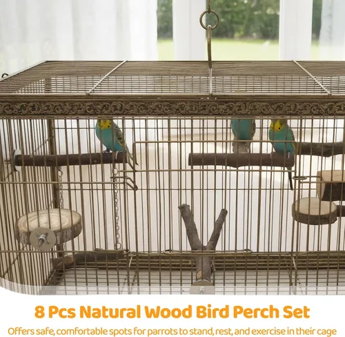 Vista 3 de 8 perchas para pájaros, soporte de madera de manzana natural con cuerda elástica de 22.4 pulgadas, juguetes para masticar pájaros y accesorios
