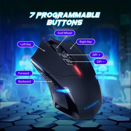 Vista 3 de T-DAGGER Ratón inalámbrico para juegos - USB, accesorios PC, ratones para computadora con luz LED, ratón ergonómico para juegos con 7 botones