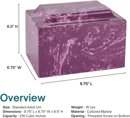 Vista 3 de Urna de cremación clásica de mármol cultivado de amatista para cenizas, morado, urna de cremación de tamaño adulto para cenizas humanas, entierro