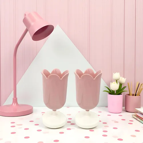 Vista 7 de 2 soportes de plástico rosa para bolígrafos de tulipán, bonitos vasos para escritorio, organizador de pinceles, suministros de papelería de oficina