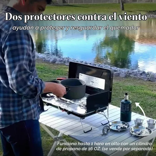 Vista 5 de FineFlame Estufa de camping, estufa de campamento portátil de propano Negro-2 quemadores-20000BTU