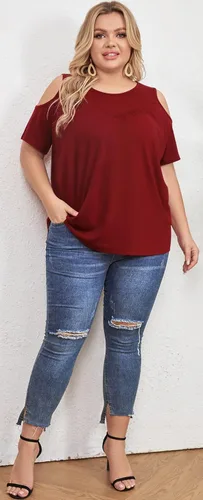 Vista 4 de Yiwixi Camisetas casuales de verano para mujer, con hombros descubiertos, manga corta, cuello redondo, ajuste holgado, tallas grandes, plisadas