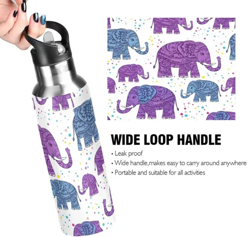 Vista 4 de BPA-Free Sport Water Bottle 32 Oz, Insulated Water Bottle for Gym Outdoor Travel School, Cute Purple Elephants Purple Blue