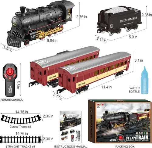 Vista 7 de Conjunto de Tren Hot Bee para Niños, Juego de Tren de Navidad con Control Remoto con Locomotora de Vapor, Coches de Pasajeros Ligeros y Pistas