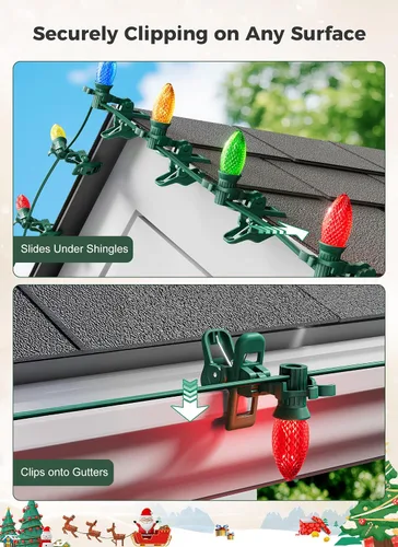 Vista 6 de Clips de primavera para luces navideñas C7 C9, 25 unidades de clips de primavera rápidos para luces navideñas, clips para tejas y canalones a prueba