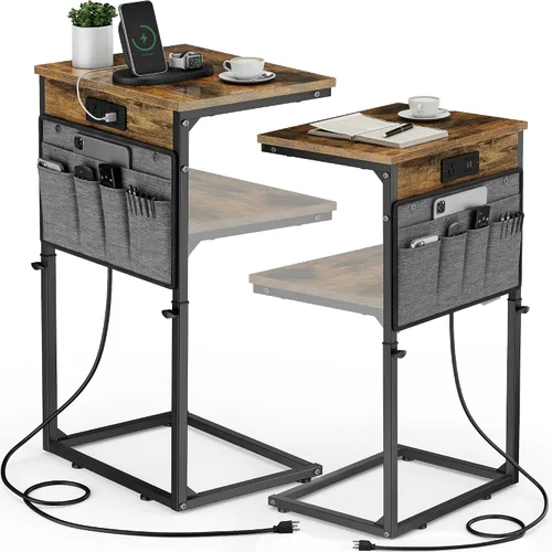 Vista 15 de Vagusicc - Mesa auxiliar en forma de C con estación de carga, mesa lateral de altura ajustable para sofá, mesa pequeña para sofá con laptop
