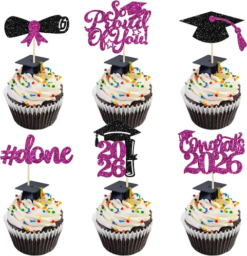 Vista 36 de Gyufise 24 piezas Adornos para pastel de graduación 2026 con purpurina negra, clase de 2026, adornos para magdalenas con gorra de graduación