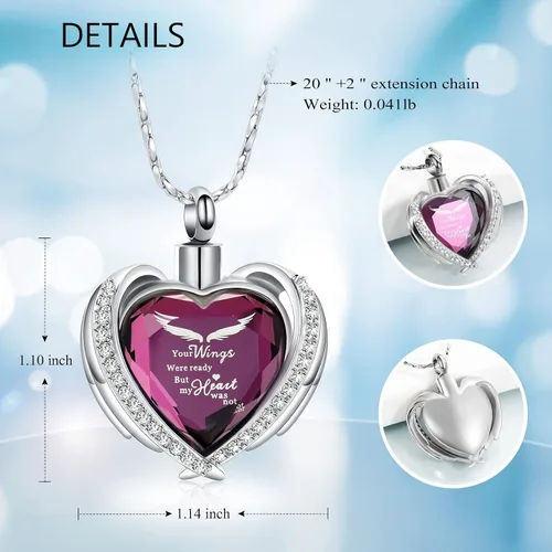 Vista 6 de Imrsanl Joyería de cremación con dije de urna de corazón de ala de ángel para mujer, urnas de cristales para cenizas humanas, medallón