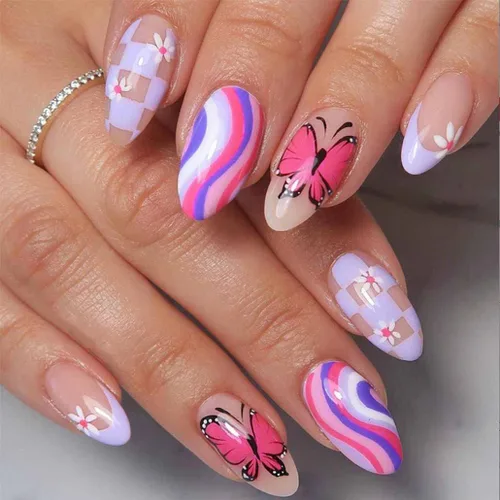 Vista 9 de Foccna Uñas postizas a presión negras francesas medianas, uñas postizas de mariposa, uñas postizas acrílicas de ataúd nude, uñas artificiales