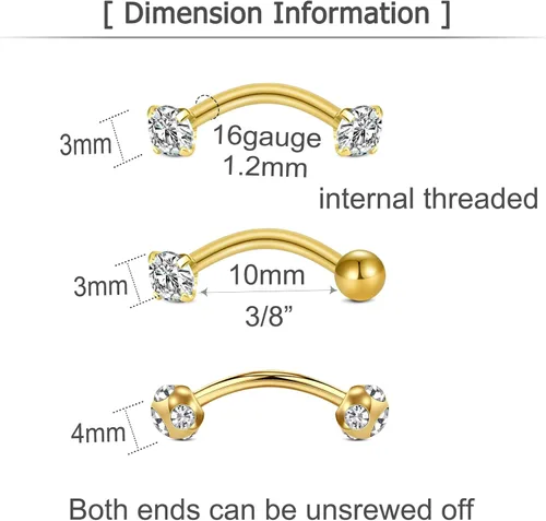 Vista 2 de MODRSA Rook - Piercing para mujer, aretes para cejas, acero quirúrgico, joyería vertical para labret de 0.63 onzas, 0.49 oz, barra curvada, Snug