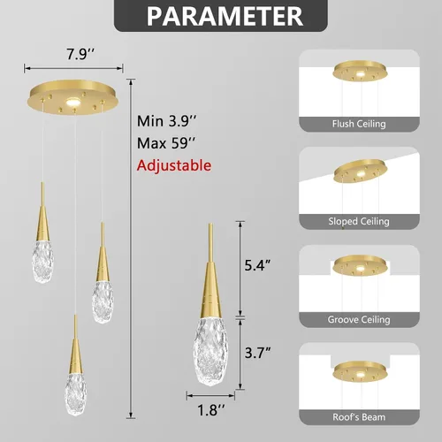 Vista 2 de 3 luces LED colgantes para isla de cocina, lámpara regulable dorada, moderna iluminación colgante de cristal para comedor, dormitorio, sala