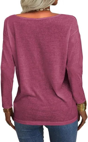 Vista 2 de Danedvi Camiseta básica de manga larga con cuello en V profundo para mujer, color liso, casual, suelta