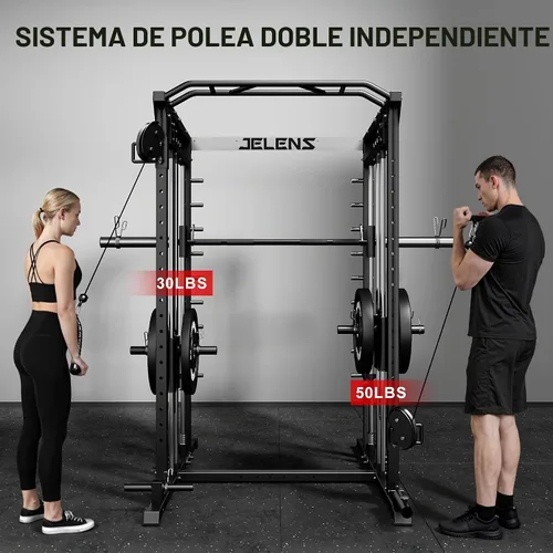 Vista 7 de JELENS M21 - Máquina Smith, jaula de potencia multifunción con sistema de cruce de cable de polea doble, banco de sentadillas todo en uno de 907 kg