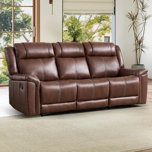 Vista 7 de EBELLO Sofá reclinable de cuero sintético de 3 plazas, sofá reclinable manual, silla de 3 asientos de estilo moderno de mediados de siglo con Marrón