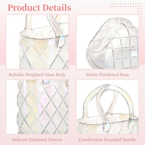 Vista 4 de Florero de cristal iridiscente con asa, elegante florero decorativo transparente con textura, hogar y centro de mesa