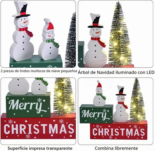 Vista 5 de Decoración de Navidad Feliz para interiores, letrero de mesa de muñeco de nieve de madera de Navidad, decoración de árbol de Navidad iluminada