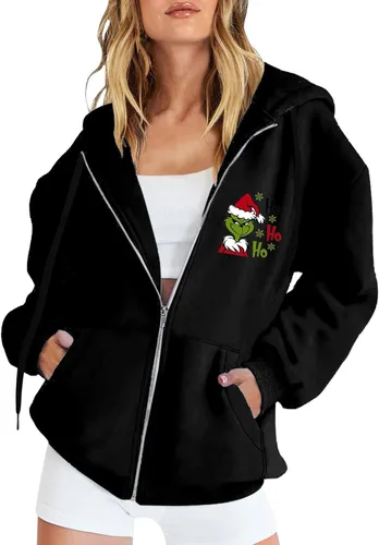 Vista 2 de Yubnlvae Womens Christmas Grinchs Sweatshirts Casual Full Zip Up Crewneck Long Sleeve Shirts Winter Lightweight Loose Hoodies