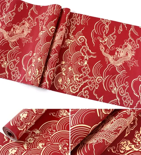 Vista 5 de Q QIHANG Papel pintado de estilo rojo chino Patrón de dragón clásico Zen Hotel Restaurante Sala de estar Nubes auspiciosas Fondo de TV Fondo