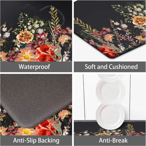 Vista 5 de MAYHMYO Alfombra de Cocina Anti Fatiga Tapete de Cocina Acolchado Negro Plantas Florales Lindas Alfombras de Cocina Vintage Antideslizantes