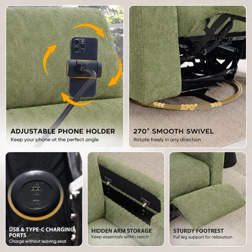 Vista 4 de ABCASA Power Recliner Rocking Chair Nursery, Swivel Glider, Green Chenille-green