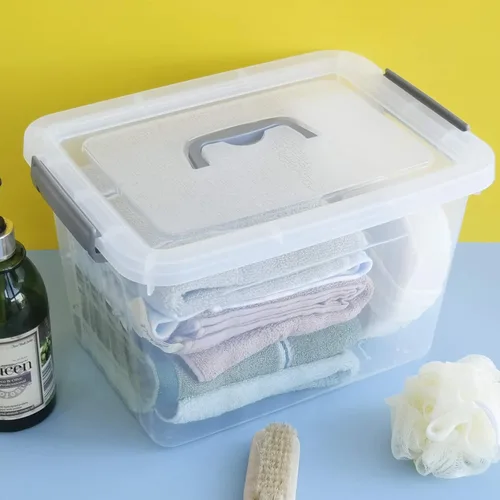 Vista 6 de Paquete de 6 cajas de plástico transparente con tapas, 10 L Diseño transparente, apilable y portátil, ideal para ropa, documentos y pequeños