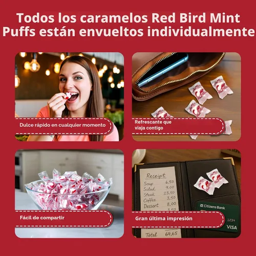 Vista 4 de Red Bird Soft Peppermint Puffs - Estuche a granel, 20 libras de mentas envueltas individualmente en envoltura transparente (rayas rojas visibles)