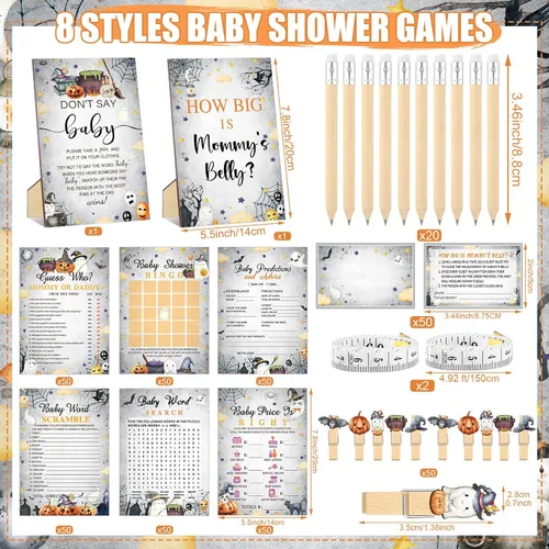Vista 3 de Funnymoom Set de 426 piezas de juegos de baby shower de Halloween, 8 juegos, incluye bingo de baby shower, el precio correcto, adivina quién