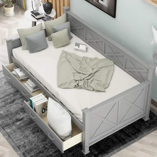 Vista 4 de Bellemave Marco de sofá cama individual con cajón, sofá cama de madera con cajones de almacenamiento, sofá cama capitán para niños (gris)