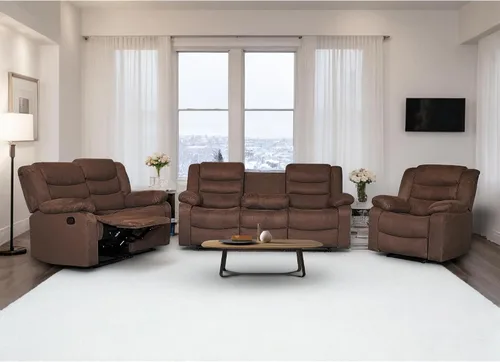 Vista 9 de Juego de sofá reclinable, juego de sofá reclinable manual de microfibra, juego de 3 piezas con sofá biplaza, mesa desplegable y portavasos, sala