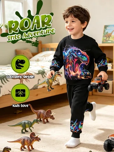 Vista 2 de Ochine Ropa para niños pequeños, sudadera de manga larga con estampado de dinosaurio T-Rex, sudadera y pantalones, 2 piezas, trajes de otoño e