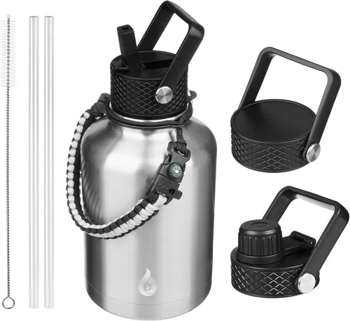 Vista 82 de BJPKPK Botellas de Agua Aisladas con Tapa de Pajita, Botella de Agua de Acero Inoxidable de 18oz, Termo Frío Caliente con 3 Tapas, Vaso de Viaje a