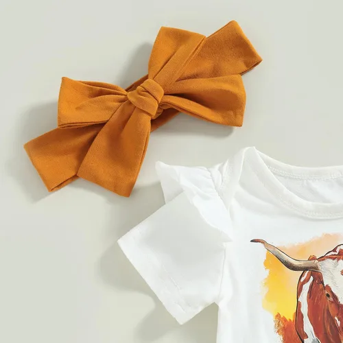 Vista 26 de Conjunto de ropa de bebé occidental para niñas, con estampado de vaca, pantalón y diadema