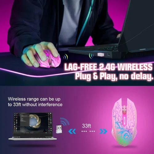 Vista 2 de VersionTECH. Ratón inalámbrico para juegos, mouse de computadora recargable con 7 luces LED, 6 botones programables, receptor nano USB de 2.4 G, 3