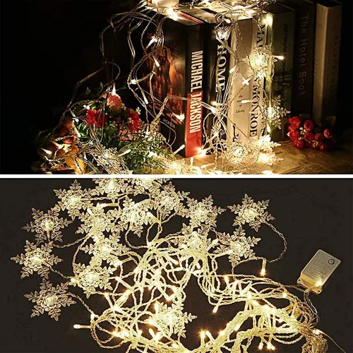 Vista 4 de Guirnalda de luces LED para cortina, 96 luces LED colgantes de hadas impermeables, luces de copo de nieve de Navidad con control inalámbrico