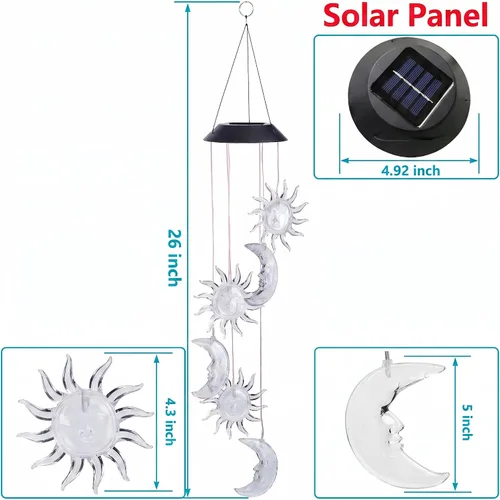 Vista 2 de Lámpara móvil de energía solar de Lainin, con carillón de estrellas transparentes que cambian de color y giran con el viento. Para decoración e
