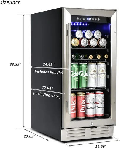 Vista 2 de IOCCIOBB Mini refrigerador de 15 pulgadas, gabinete de vino y bebidas, 120 latas, 34-65°F, silencioso, estantes ajustables, iluminación LED, ETL