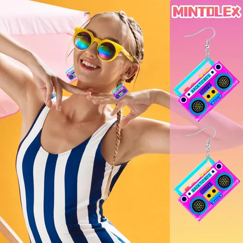 Vista 4 de Aretes de los años 70, 80 y 90 para mujer, aretes retro de cinta de cassette acrílica, aretes colgantes para Halloween, cosplay, fiesta brillante