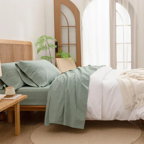 Vista 19 de BESTOUCH Juego de sábanas 100% algodón lavado, tacto de lino, súper suave, cómodo, elegante, ligero, juego de ropa de cama de 3 piezas, color gris