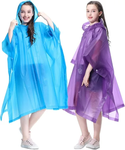 Vista 13 de Poncho de lluvia para niños, reutilizables, paquete de 2 abrigos impermeables de EVA con capucha para niños y niñas azul X2