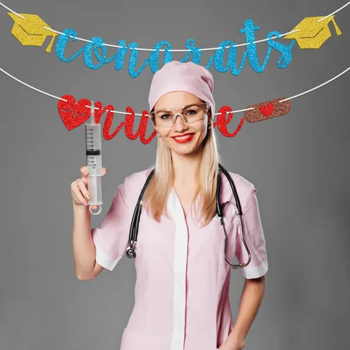 Vista 5 de Cartel de felicitaciones con purpurina, decoraciones de fiesta de graduación de enfermera, suministros de fiesta de graduación de enfermería
