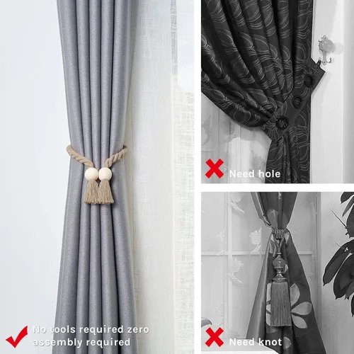 Vista 2 de NICEEC 6 Pack de alzapaños magnéticos de bola de madera para cortinas, decoración boho para el hogar, lazos de cortina tejidos a mano con cuerda