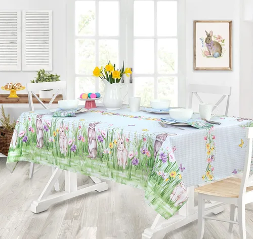 Vista 9 de Manteles Newbridge con diseño de Pascua, primavera, prado y conejos bordados, adorable tela de mantel con conejos y de color azul, con estampado a