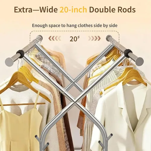 Vista 4 de HAPPY CHEERS Perchero de ropa resistente, perchero de doble barra para colgar ropa, estantes de ropa rodantes con ruedas, perchero de metal