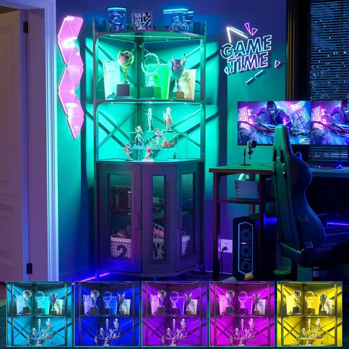 Vista 7 de Aheaplus Gabinete Bar de Esquina con Toma de Corriente, Gabinete de Vino Industrial con Tira LED y Portavasos, Gabinetes de Licores de 5 Niveles